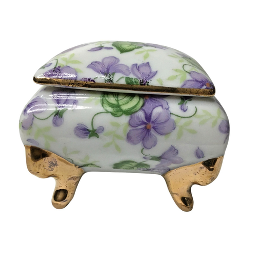 Lefton Vintage Porzellan Schmuckschatulle Deckel Fuß lila Veilchen Goldrand Chintz
