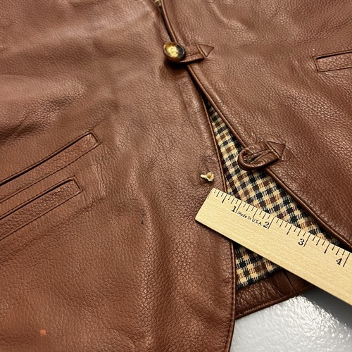 Vintage Orvis Mens Vest Brown Genuine Leather Size Large Cotton Plaid Lined - Picture 7 of 11