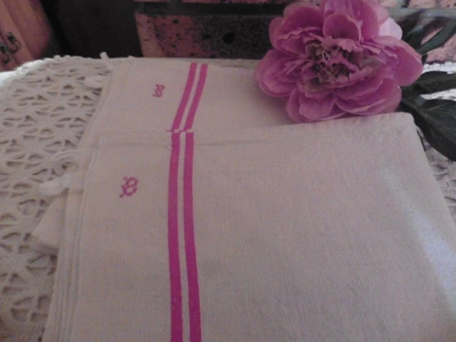 2 ANCIENS TORCHONS CHANVRE X LIN LITEAUX ROUGE"B"ACCROCHE 54X84 CM - Photo 4/4