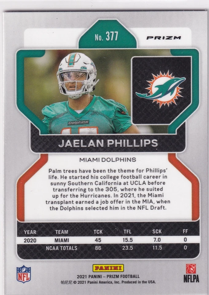 Jaelan Phillips 2021 PANINI PRIZM RED CRACKED ICE PRIZM RC Rookie #377 Dolphins - Image 2 of 2