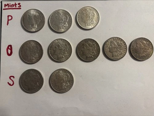 🔥LOT OF 9 MORGAN SILVER $ And One Peace $1 &P, S, O Mints. See Description