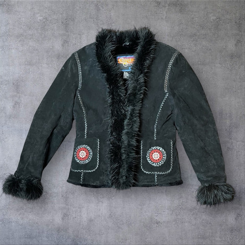Cripple Creek Black Suede Fur Penny Lane Jacket Womens M Beading Aztec Western - Picture 1 of 11