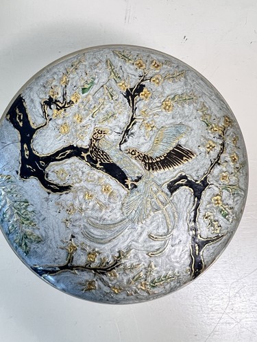 Vintage Solid Brass Trinket Jewelry Box Birds & Flowers Motif Lidded Dish 5” x 2 - Picture 2 of 6