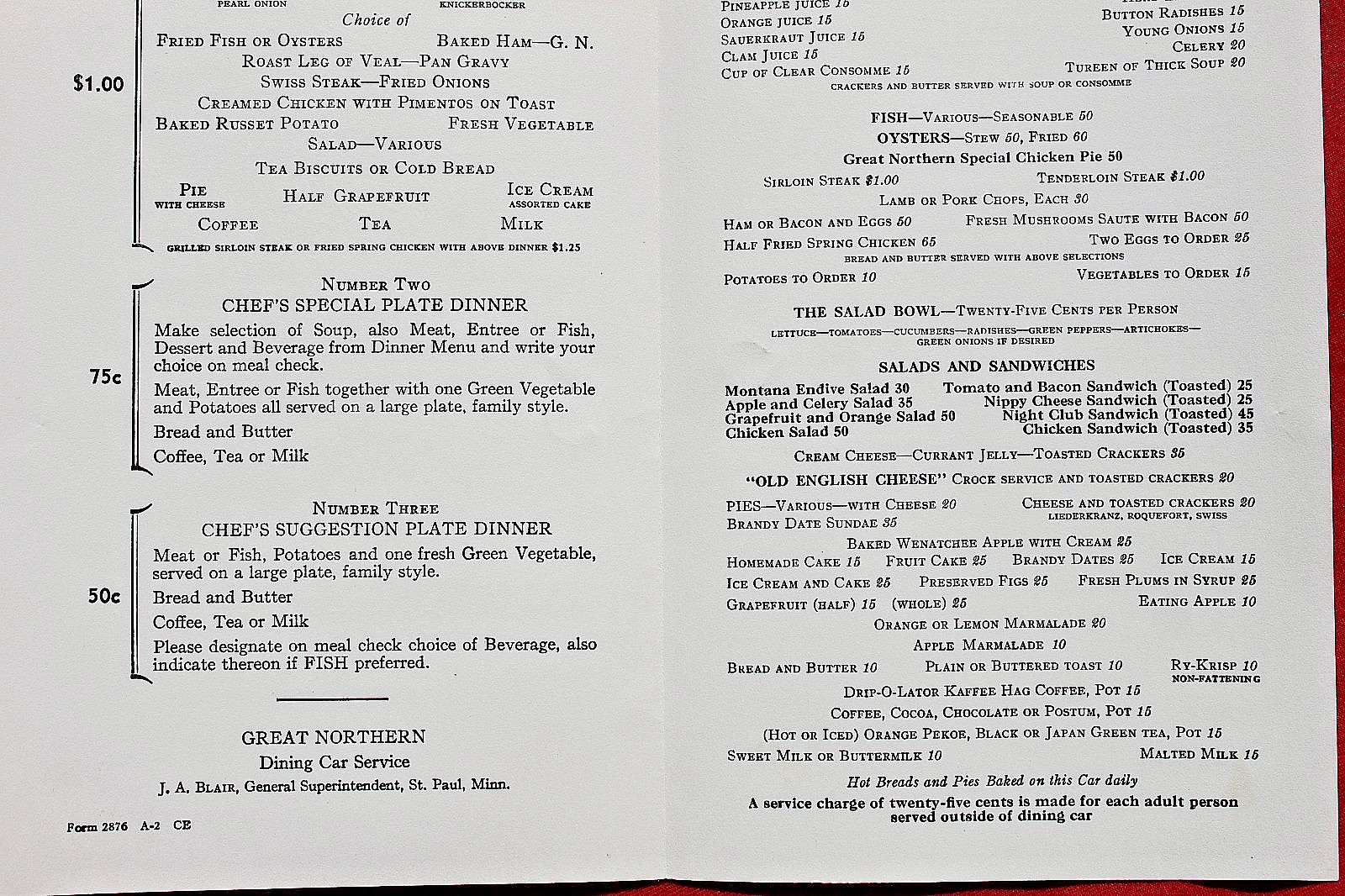 1935 Great Northern Railway Dinner Menu North West Pacific Railroad Train Dining