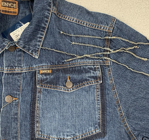 Enyce Denim Jacket Mens 3XL Blue Mended Jean Design Pockets Made in Hong Kong - Picture 5 of 24