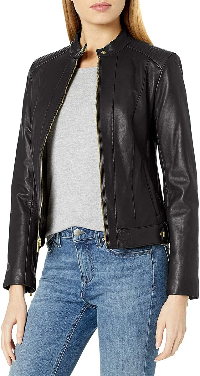 Cole Haan Women s Leather Racer Jacket with Quilted Panels eBay