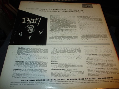 1959 EDITH PIAF Piaf Mono US LP Capitol T10210 French Pop Chanson VG+/VG+ - Picture 3 of 3