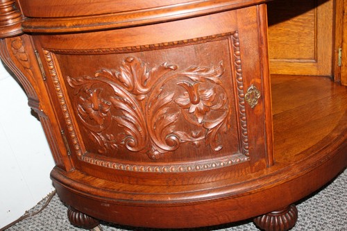 Antique Carved Oak Corner China Curio Cabinet – curved beveled glass - Picture 13 of 19