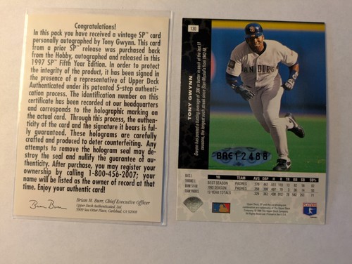 1997 SP UPPER DECK BUY BACK/369 TONY GWYNN AUTO - Picture 2 of 2