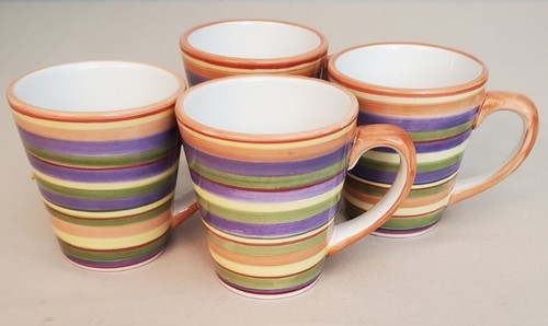 Set of 4 Dansk Orange Splash Mugs Striped Tropical Purple Green Yellow EUC - Picture 1 of 12