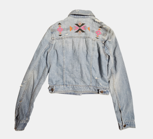 Chaqueta Jean Camionero American Eagle Envejecida Azteca Bordada Espalda S Nueva Con Etiquetas - Imagen 2 de 13