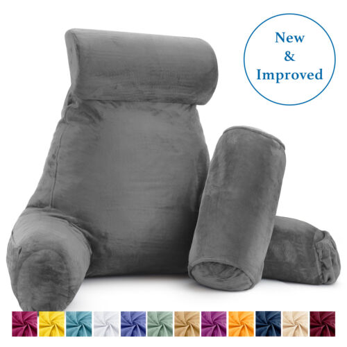 Large Foam Reading & TV Bed Rest Pillow +2 Neck & Lumbar Pillows, W/Pocket -Gray - Imagen 2 de 8