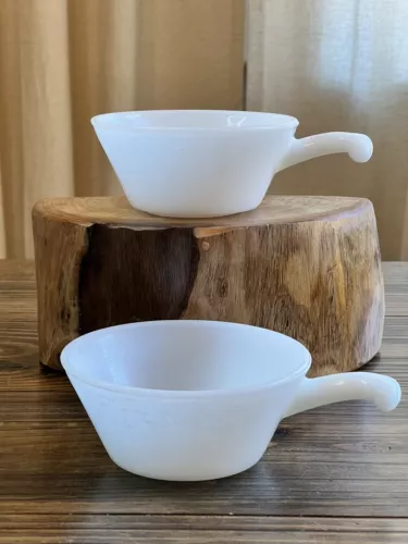 VTG  Anchor Hocking Fire King Milk Glass  Soup Bowl with Handle 2pc Oven Proof