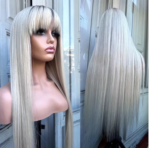 60s Audrey fringe 613 blonde ombre european 100% human Hair straight bang Wig - Picture 3 of 5