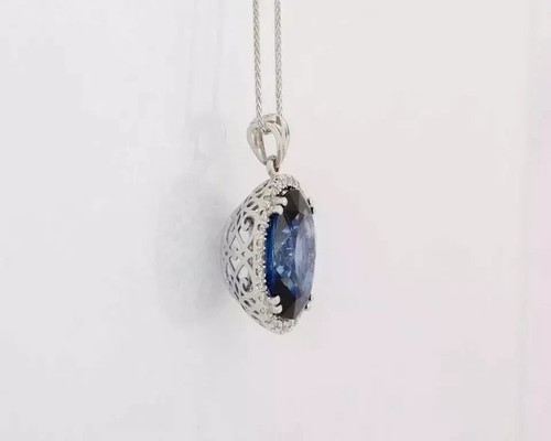 4Ct Oval Cut Lab Created Blue Sapphire Halo Womens Pendant 14K White Gold Plated - Picture 4 of 6
