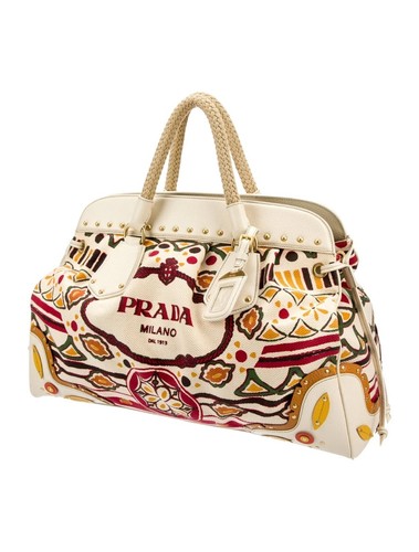 PRADA Canvas Canapa Embossed Studded Bag Weekender Boho Cream Gold 13981 - Picture 2 of 24