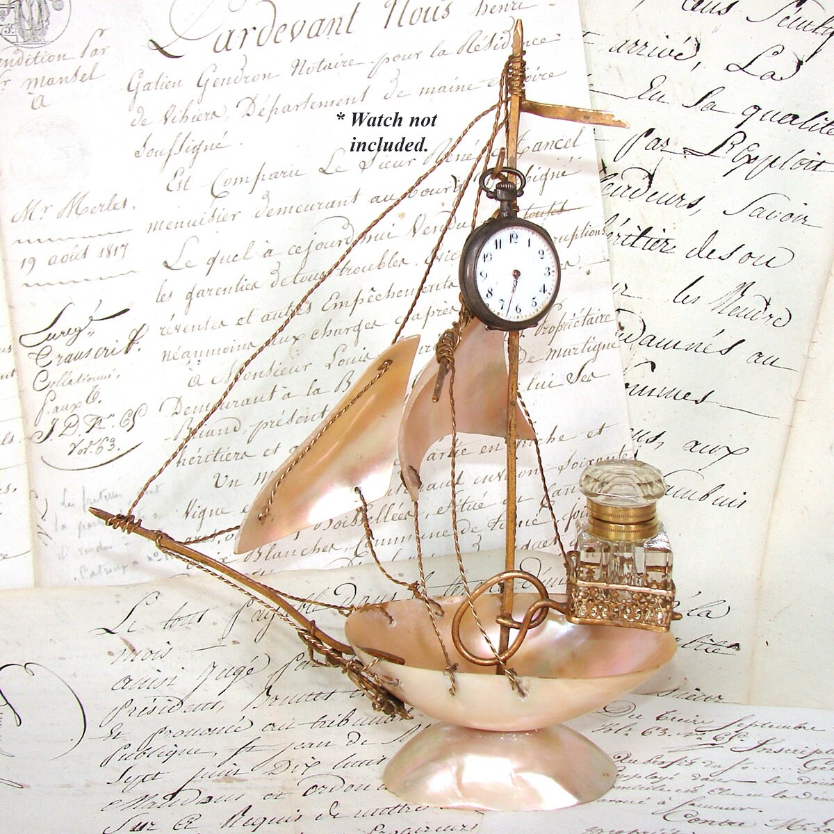 アンティークピンディッシュ Mother of Pearl Shell Antique French Mother of Pearl Shell Sail Boat 8.5
