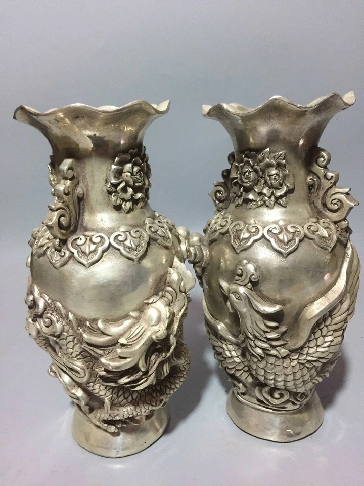 Collection old Tibet silver Vase Handwork carved dragon&Phoenix w Qianlong Mark - Image 2 of 4