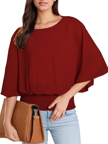 Women's Tops Dressy Casual 3/4 Sleeve Crewneck Business Casual Chiffon Blouses - Picture 15 of 16