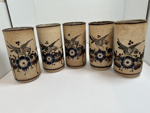 Netzi Mexico Tonala Keramik Tassen bemalt blaue Blumen Vogel Steinwaren 5 Stück - Bild 1 von 18