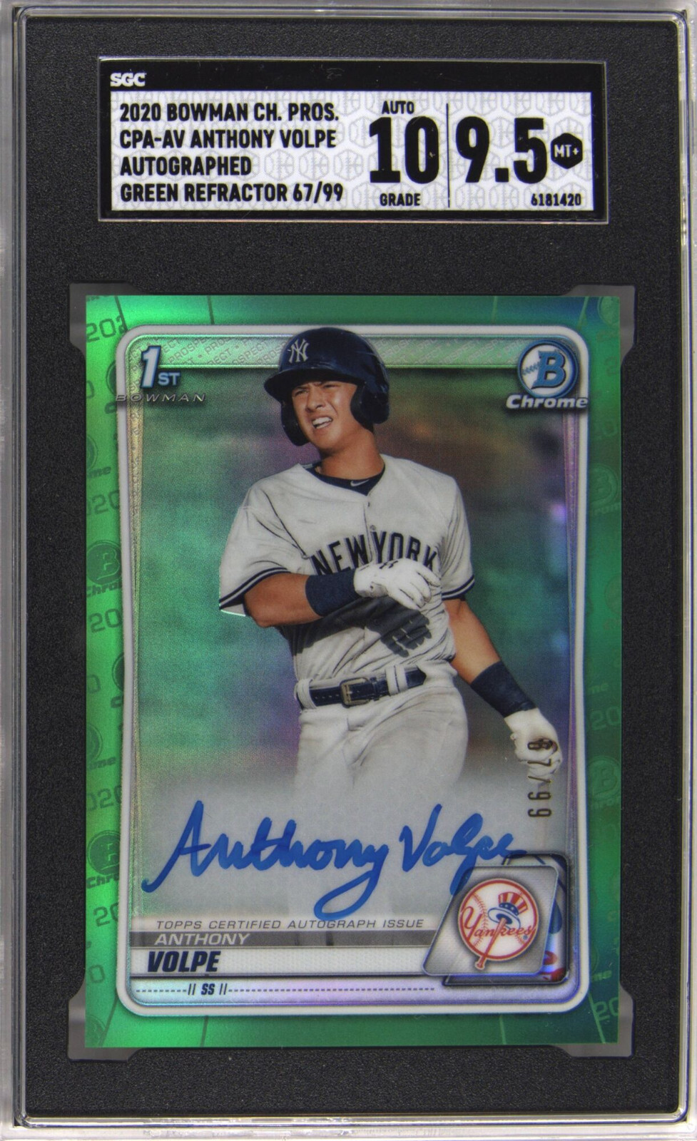 SGC 9.5/10 ANTHONY VOLPE AUTO 2020 Bowman Chrome GREEN REFRACTOR #/99 RC MINT+