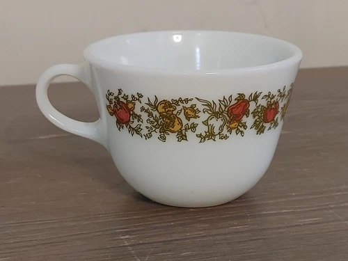 Vintage Pyrex Milk Glass Coffee Tea Mug Cup Spice Of Life White Vegetable Print