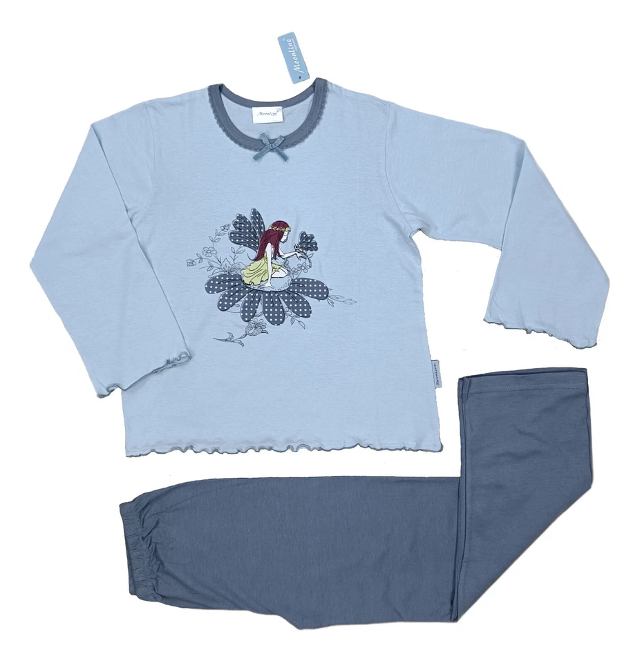MOONLINE Mädchen Schlafanzug Pyjama 100% Baumwolle Blau/Grau Gr. 128, 140, 152