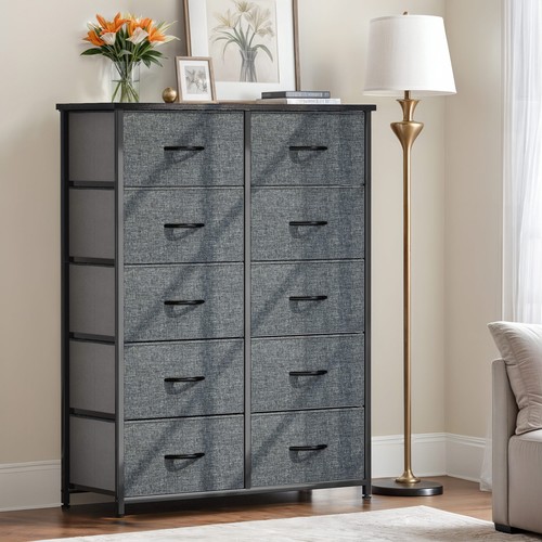 10 Fabric Drawers Dresser Gray Tower Organizer Chest Cabinet Livingroom Unit - Picture 8 of 10