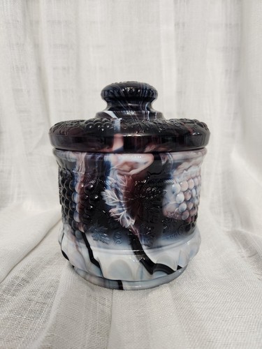 FENTON Purple & White Marbled Glass Grape & Cable HUMIDOR W/ Lid Tobacco Jar - Picture 3 of 18
