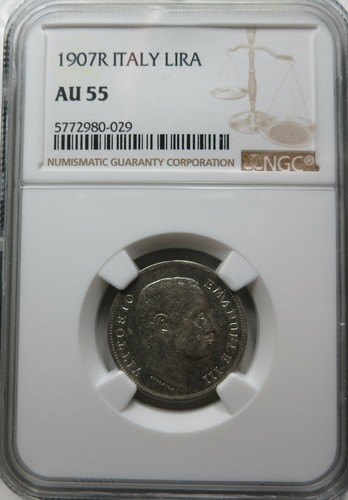 ITALY 1 lira 1907 Rome NGC AU 55 Scarce About UNC Silver Eagle King Vittorio - Picture 3 of 3