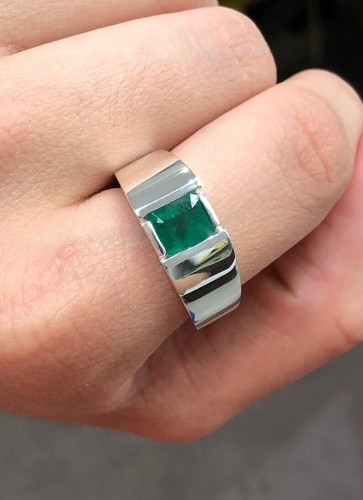 Mens Colombian Emerald Ring, Colombian Emerald Mens Ring, Emerald Mens Silver - Picture 5 of 8