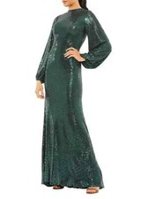 Ieena  Mac Duggal Black Bottle Green Metallic Long Sleeve Trumpet Gown Sz 4 $398