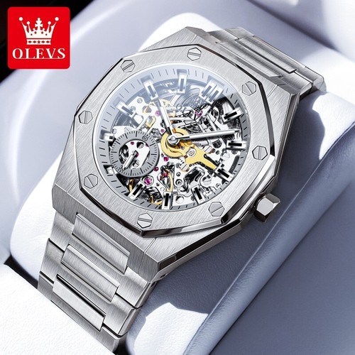 OLEVS Automatic Mechanical Waterproof Luxury Watch Men Skeleton Men's Strap - Picture 18 of 28