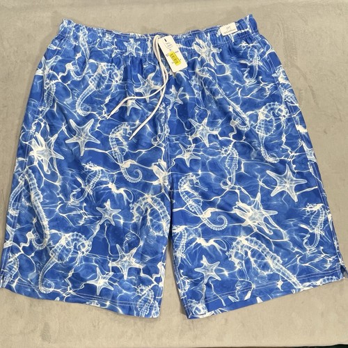 Karibik Badehose Herren 2XT Mesh gefüttert blau weiß Seepferdchen Big & Tall Neu
