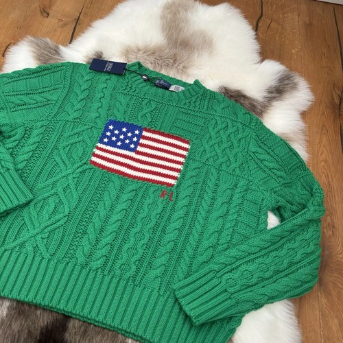 Polo Ralph Lauren Flag Jumper Green Aran Knit American USA Sweater Womens Size S - Picture 15 of 23
