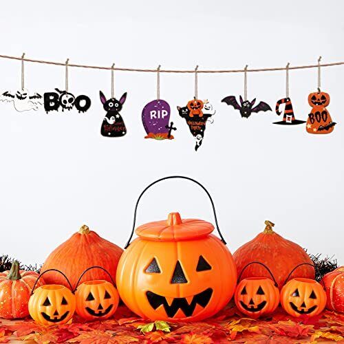 12 Pcs Halloween Wooden Hanging Ornaments 3D Rustic Pumpkin Black Cat Ghost - Picture 7 of 8