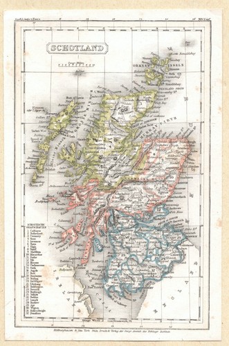 SCHOTTLAND 19. Jh. HANDGETÖNTE Karte von SCHOTLAND von STICH DRUCK & VERLAG