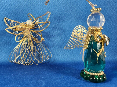 De colección 2 Adornos de Ángel Alas de Alambre Tono Dorado Plástico Cristal Cuerpo Verde - Imagen 2 de 5