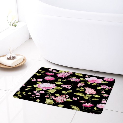 Fall Green Leaf Pink Wildflower on Black Shower Curtain Bathroom Accessories Set - Foto 3 di 21