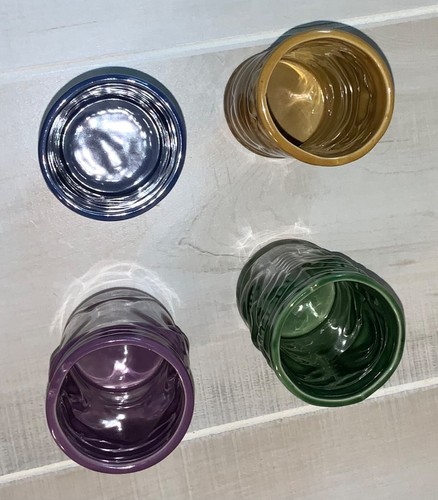 Keramik Tiki Tassen Hawian Cups Accoutrements 2001 4er Set blau lila grün gelb - Bild 2 von 5