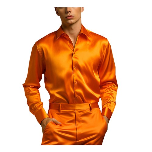 Men's Top Satin Silk Shirt Men Luxury Dancing Solid Glossy Dress Wedding Casual - Bild 8 von 24