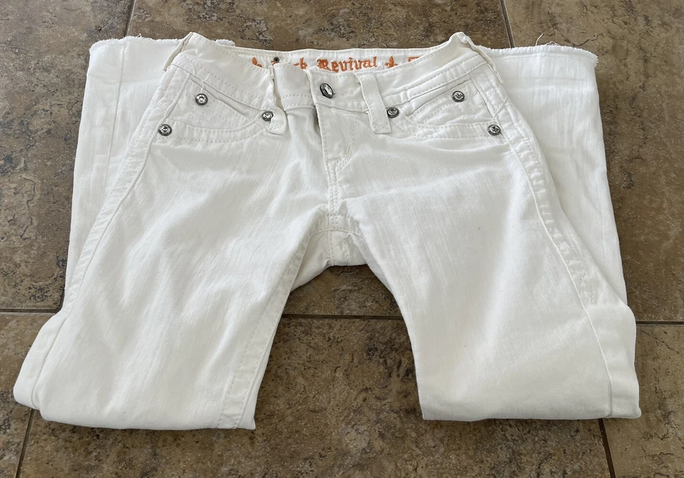 Pantalones de mezclilla para mujer Rock Revival blancos Amy Capri dobladillo crudo talla 26 ajuste 24X25 Foto 3 de 4