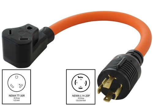Adaptador de enchufe flexible NEMA L14-20P de 20 amperios a 30 amperios NEMA TT-30R de AC WORKS® - Imagen 2 de 5