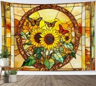 Butterfly Green Leaf Yellow Sunflower Tapestry for Bedroom Living Room Dorm