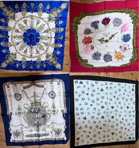 Ensemble foulard vintage Dior motif horloge fleurie rouge 4 pièces grande écharpe femme