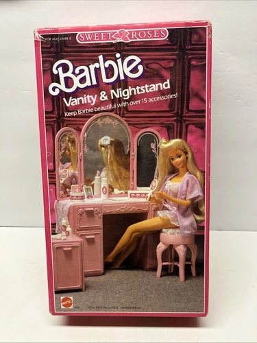 Vtg 1987 Barbie Sweet Roses Vanity And Night Stand Playset w/Accessories Read