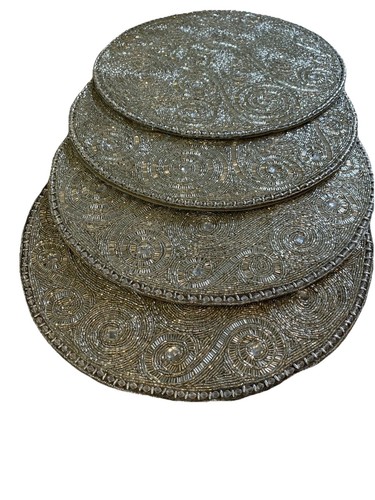Kim Seybert Placemats Beaded Holiday Glam Silver Round Set of 4 India 14” NWT