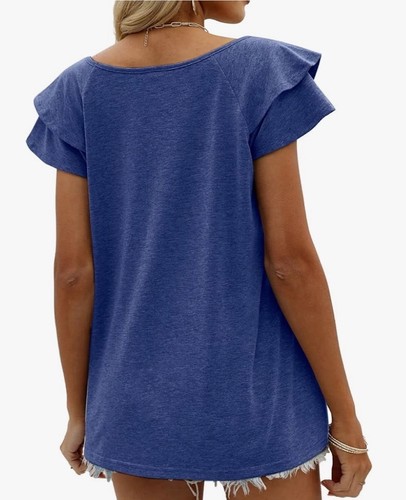 NWT OFEEFAN Navy Blue V Neck Double Ruffle Sleeve Casual T Shirt Women's Medium - Bild 4 von 15