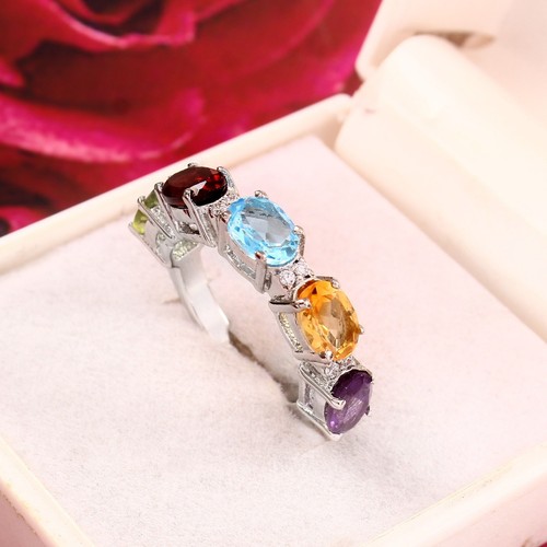 925 Sterling Silver Half Eternity Ring Natural Blue Topaz Citrine Garnet Peridot - Picture 2 of 11