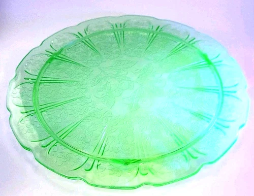 Jannette Cherry Blossom Uranium Glass Cake Plate 10 in Vaseline Glass